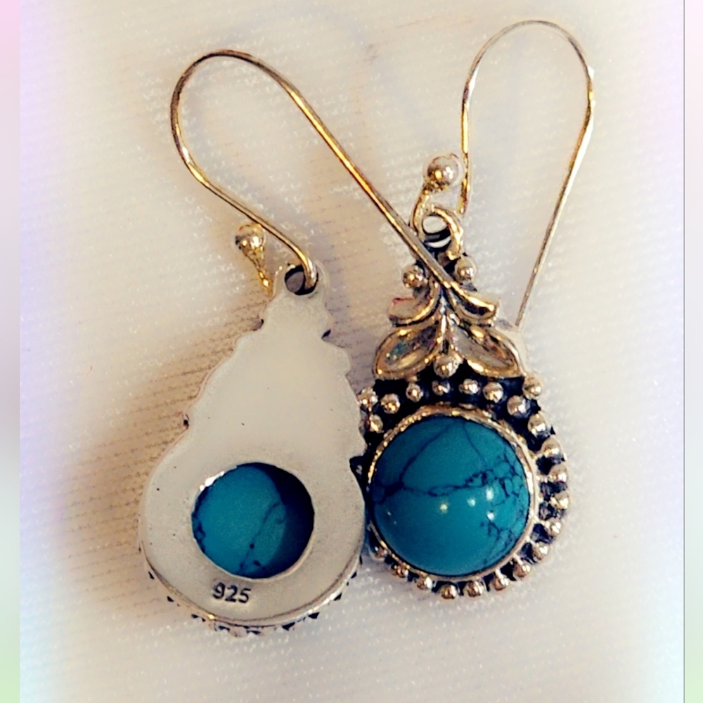 Turquoise Sterling Silver Gemstone Dangle Earrings - Picture 2 of 2